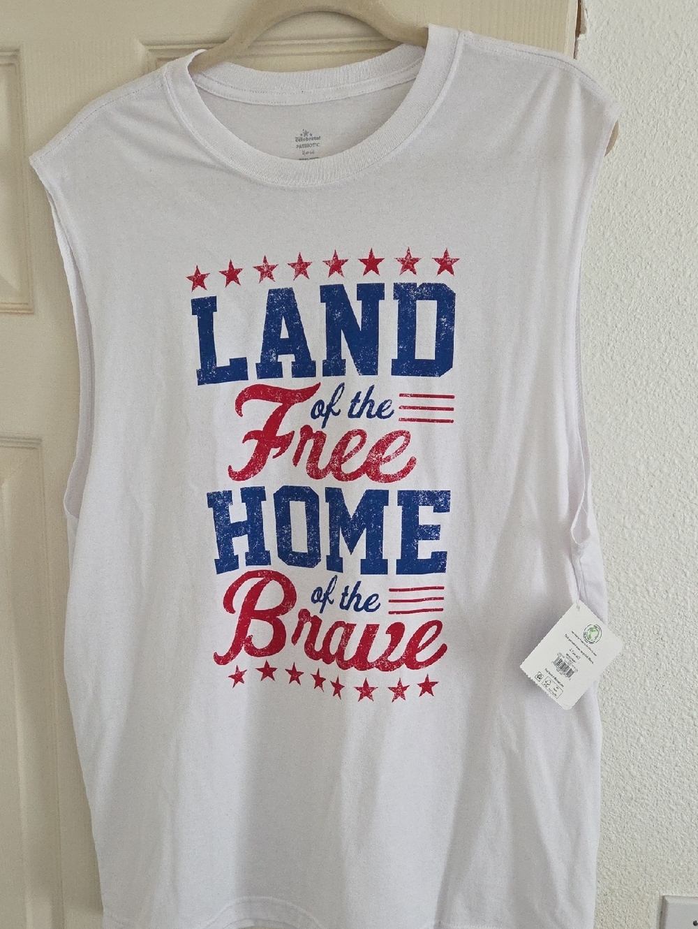 White Large Graphic Muscle Tee "Land of the Free Home of the Brave"
